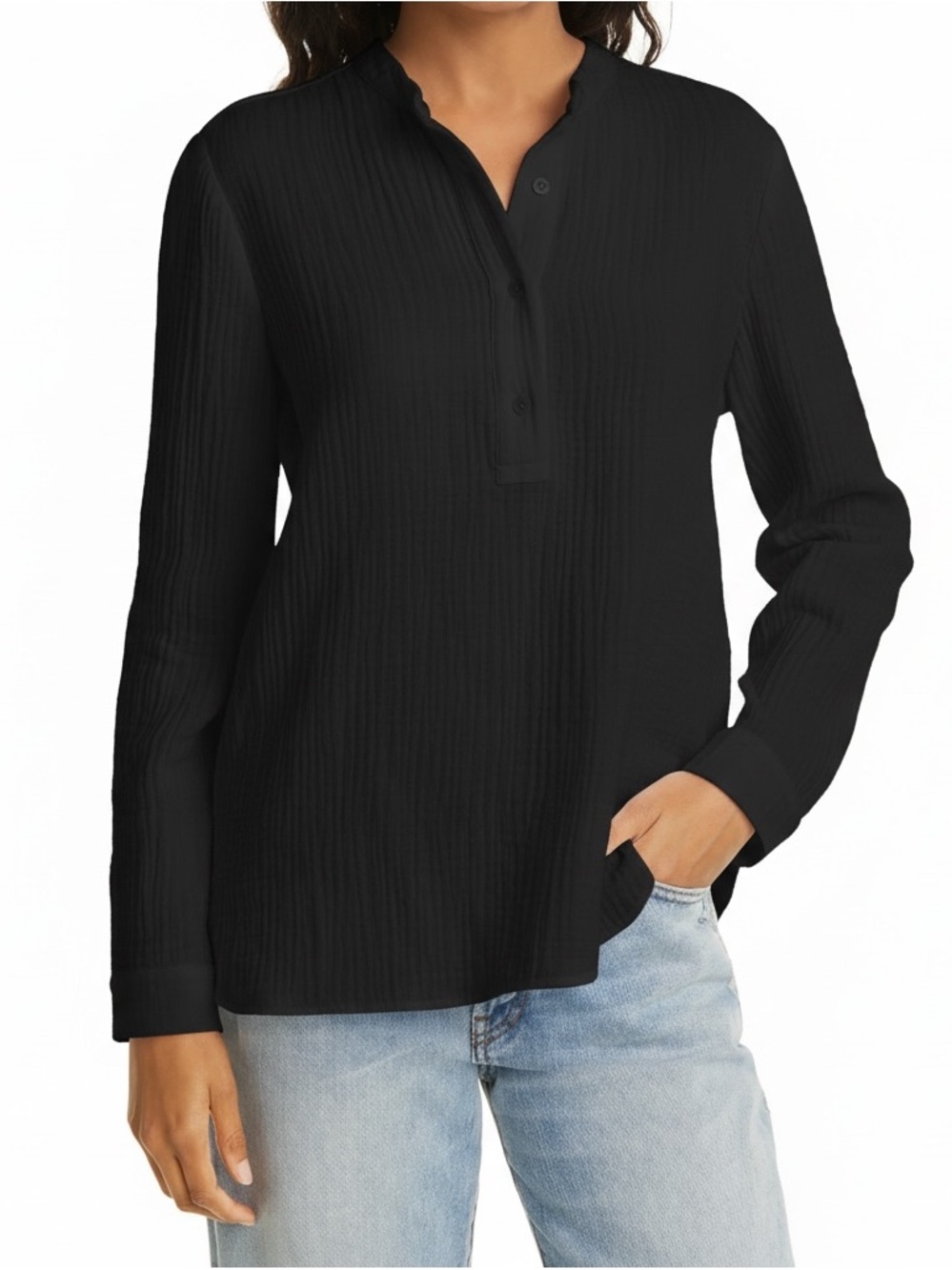Jenni Kayne Black Cotton gauze Cypress henley shirt 2X neutral modern minimalism